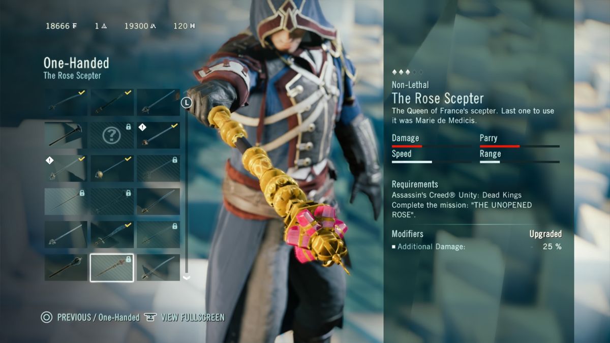 Assassin's Creed: Unity - Dead Kings (PlayStation 4) screenshot: New Rose Scepter weapon