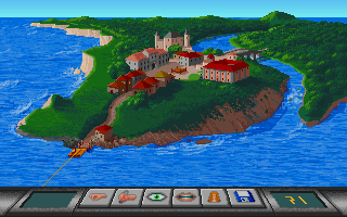 Eternam (DOS) screenshot: The peaceful town of Middleville, on the island of Dorsalis