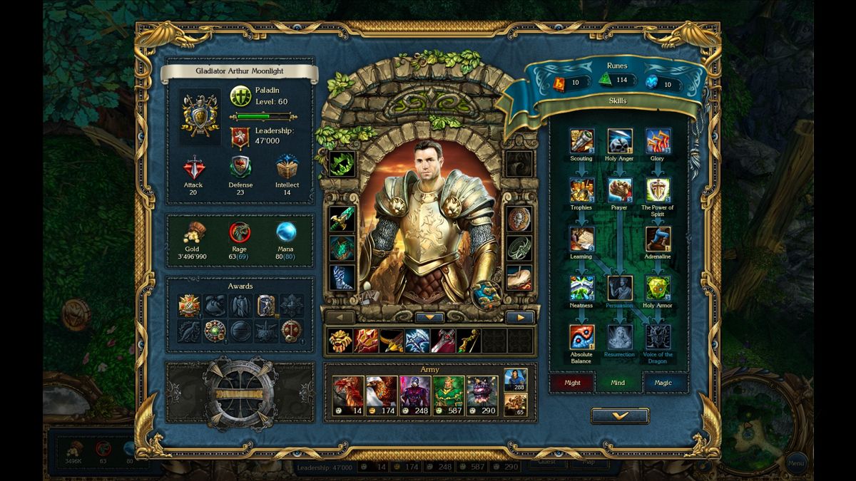 King's Bounty: Crossworlds (Windows) screenshot: Character and army info