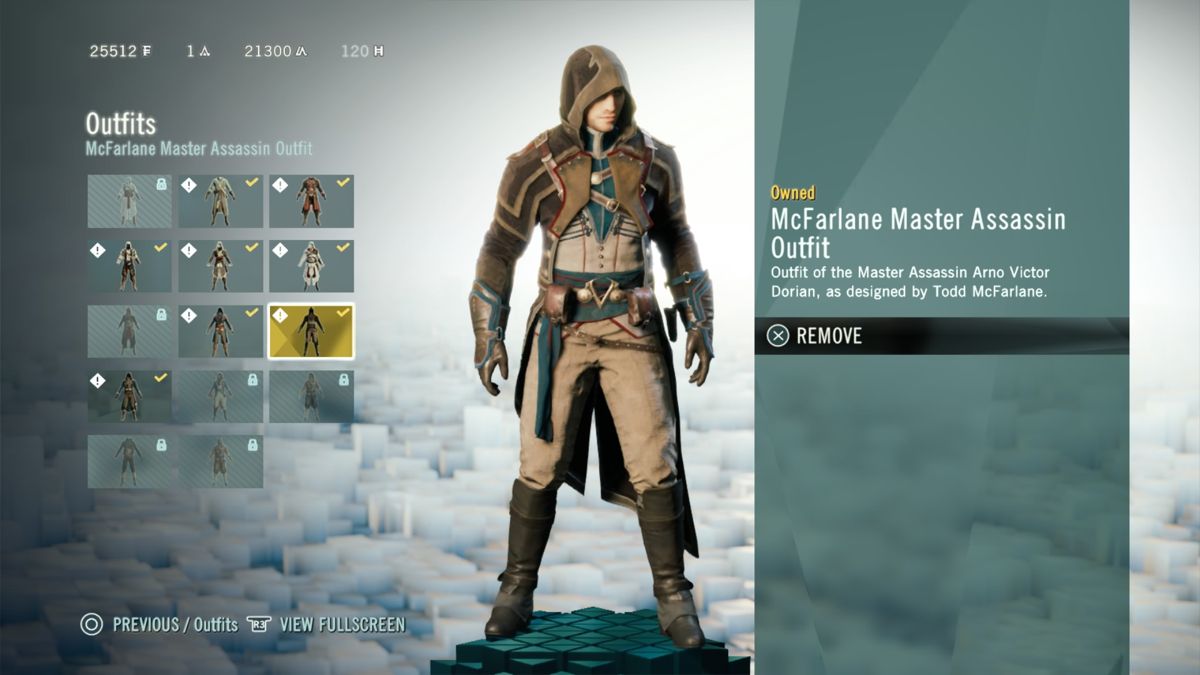Assassin's Creed: Unity - Underground Armory Pack (PlayStation 4) screenshot: McFarlane Master Assassin Outfit info screen
