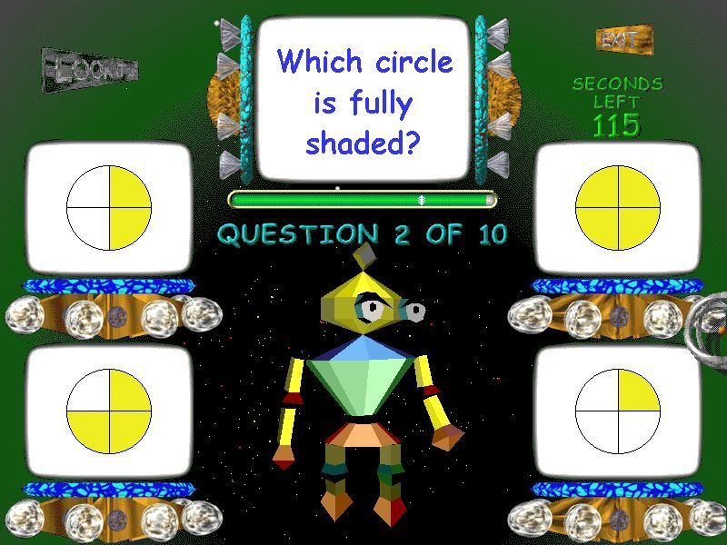 Action SATS Learning: Key Stage 1 4-7 Years: Numbers (Windows) screenshot: A sample question from the Fractions test In Test mode the 'Zap 2' and 'Clue' options are not present
