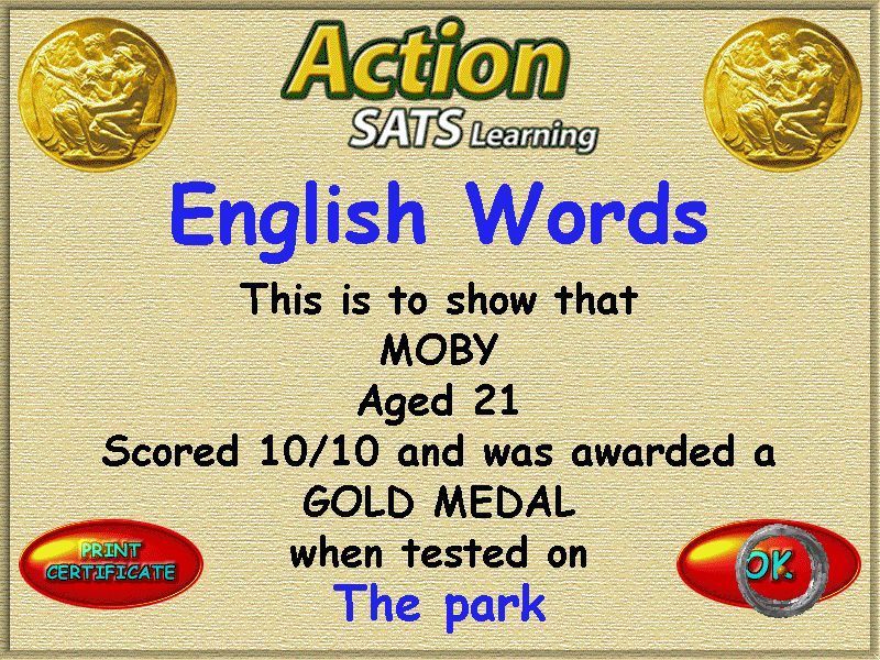 Action SATS Learning: Key Stage 1 4-7 Years: Words (Windows) screenshot: At the end of the test there's a record for the parents and a certificate for the pupil