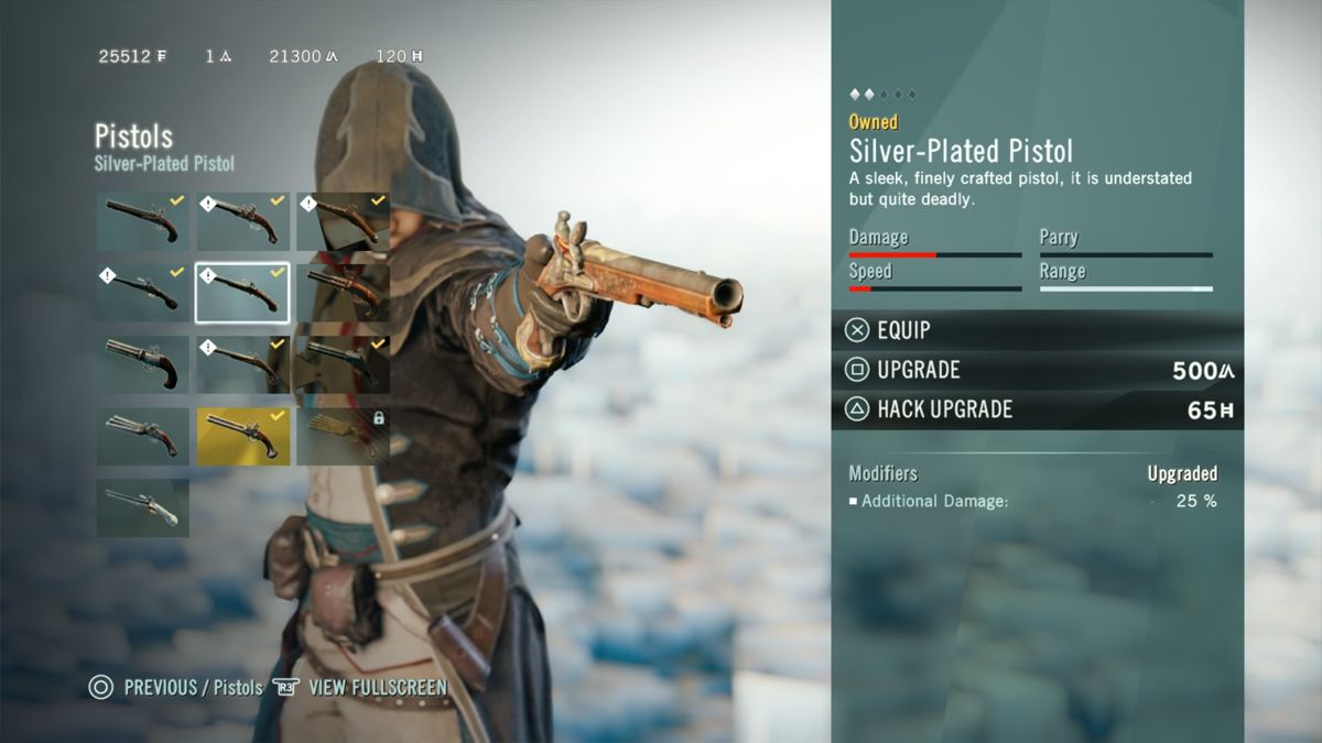 Assassin's Creed: Unity - Underground Armory Pack (PlayStation 4) screenshot: Silver-Plated Pistol info screen