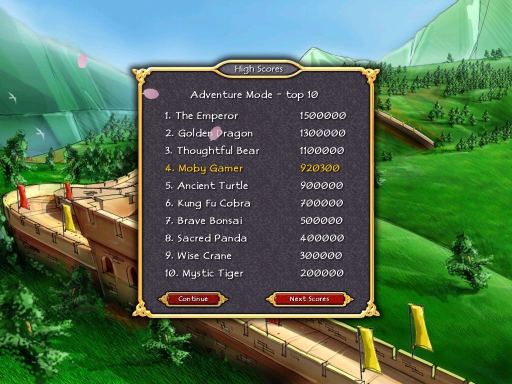 The Great Wall of Words (Windows) screenshot: The pre-loaded scores on the high score table will take some beating