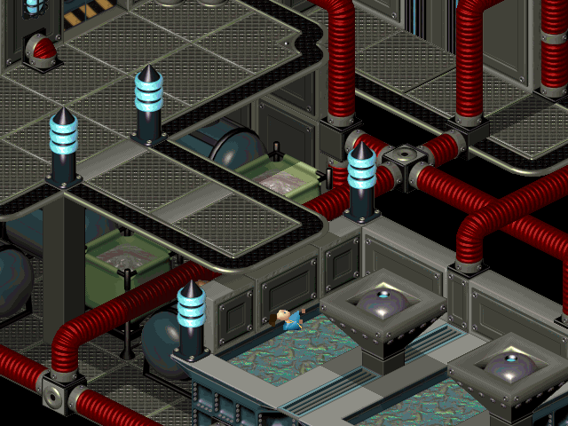 Twinsen's Odyssey (DOS) screenshot: A futuristic base. You just fell into poisonous liquid and died...