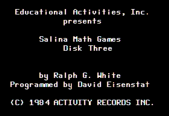 Salina Math Games: Disk Three (Apple II) screenshot: Title Screen