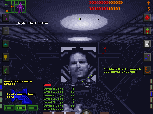 System Shock (DOS) screenshot: Mysterious face trying to talk to me, logs, data, night vision activated... I knew I should have taken that trip to Bahamas instead