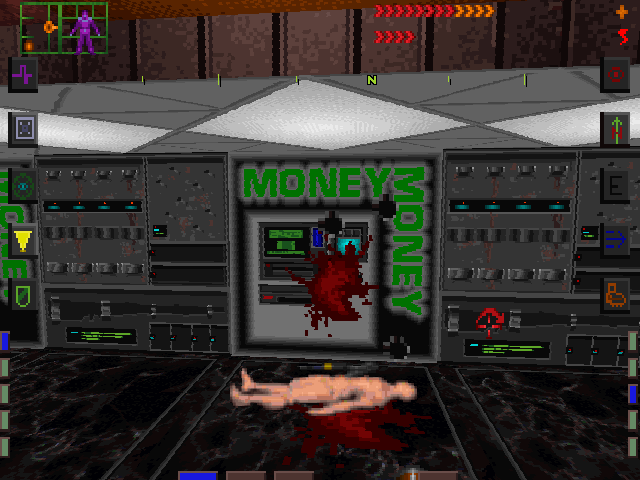 System Shock (DOS) screenshot: The game has quite a few disturbing scenes... Money, naked bodies - in such a gruesome context...