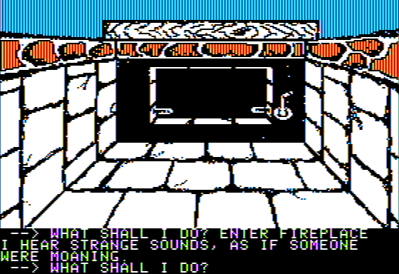 Scott Adams' Graphic Adventure #4: Voodoo Castle (Apple II) screenshot: I Explore a Fireplace