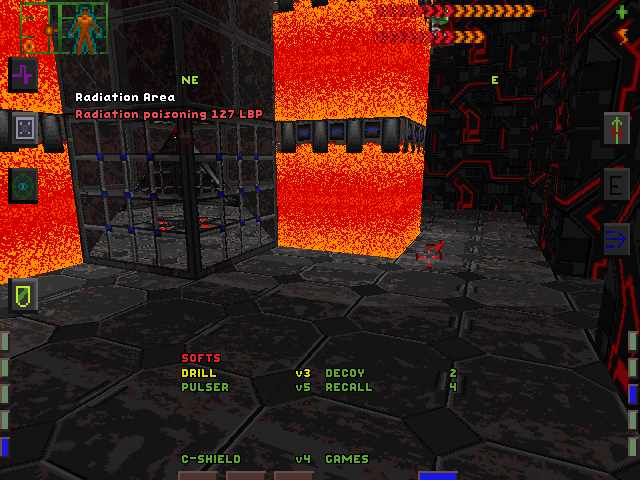 System Shock (DOS) screenshot: Slowly dying from radiation poisoning in a contaminated area. Proudly displaying your software doesn't seem to help