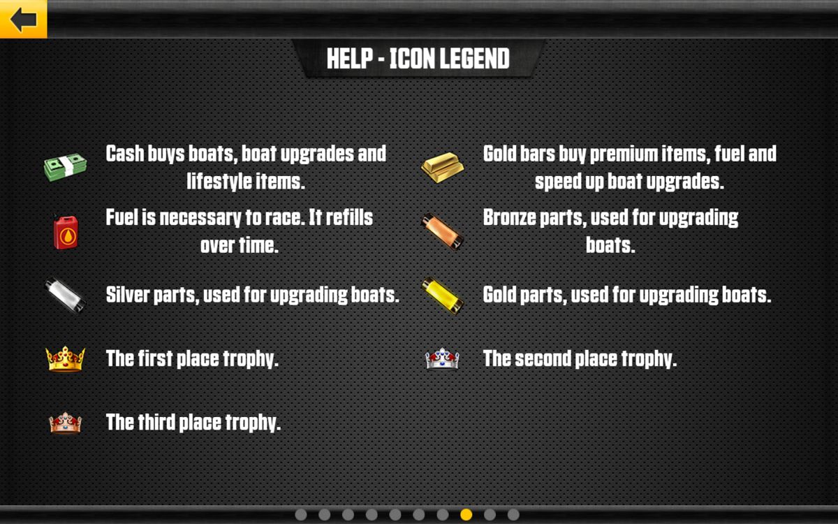 Driver: Speedboat Paradise (Android) screenshot: Legend for the different items and icons you encounter.