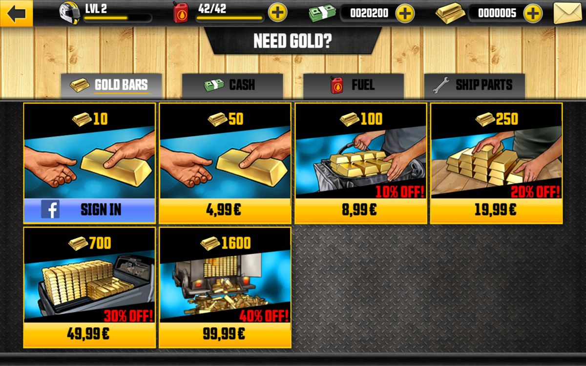 Driver: Speedboat Paradise (Android) screenshot: In-app purchases for the premium currency