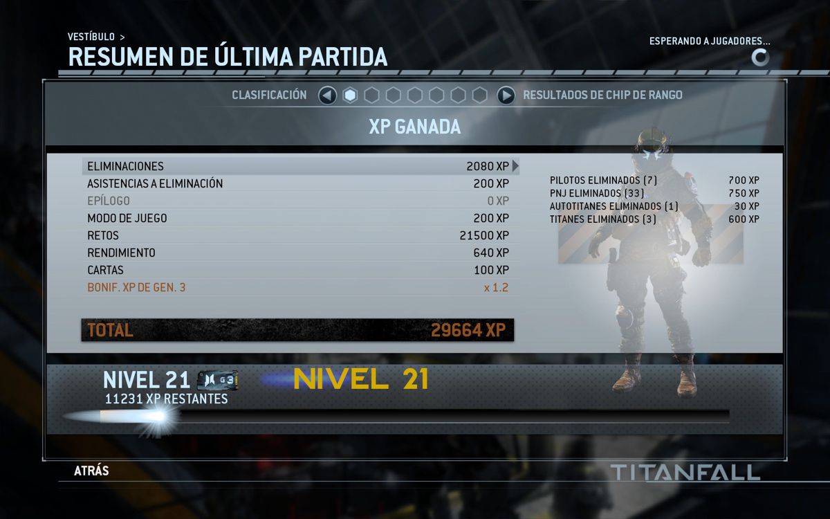 Titanfall (Windows) screenshot: End battle screen, detailing my elimination score.
