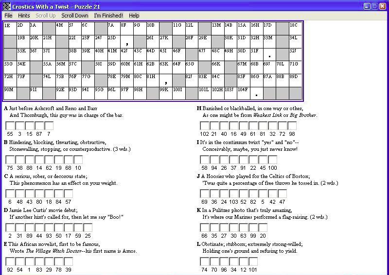 Random House Puzzles & Games: Crosswords (Windows) screenshot: This is an example of a Crosstics Puzzle