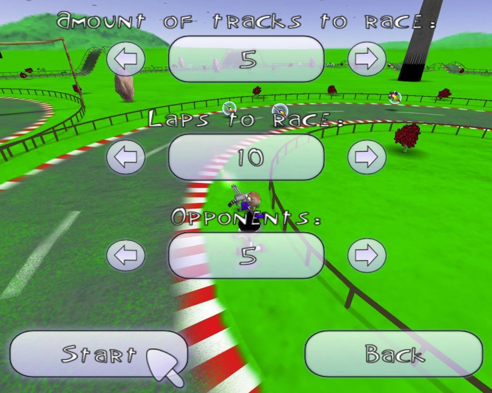 Goofy Gokarts (Windows) screenshot: Starting a tournament. The player can customise the tournament to make it a short one or a long one