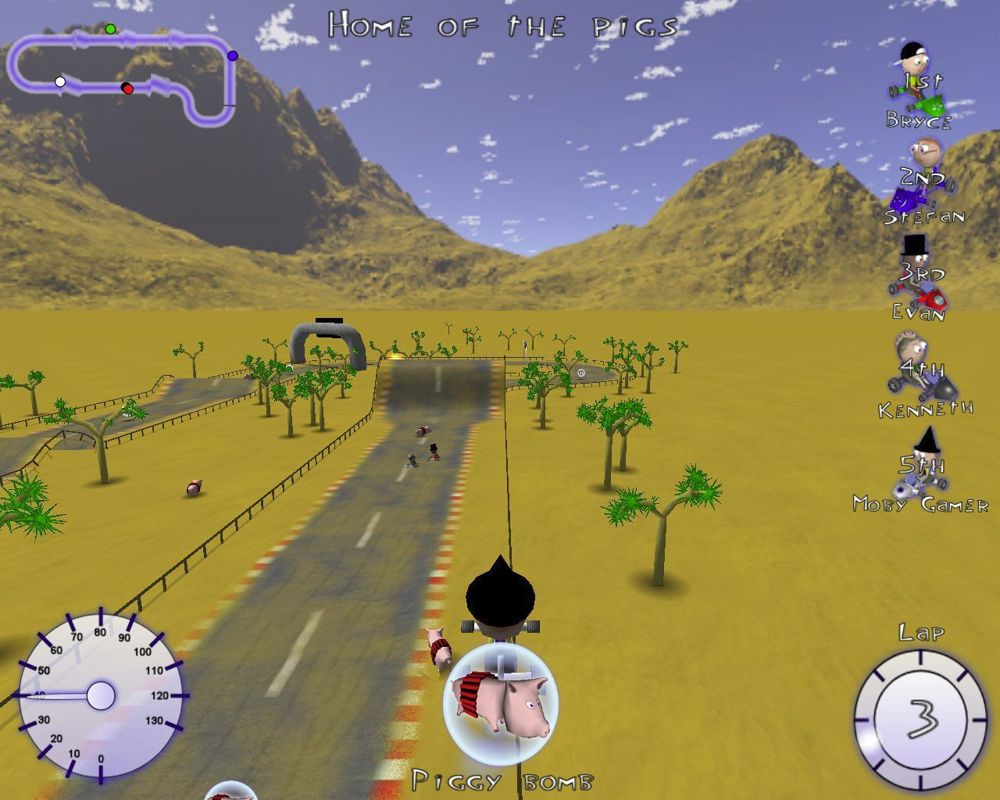 Goofy Gokarts (Windows) screenshot: Hitting a ramp at speed shoots the kart really high in the air
