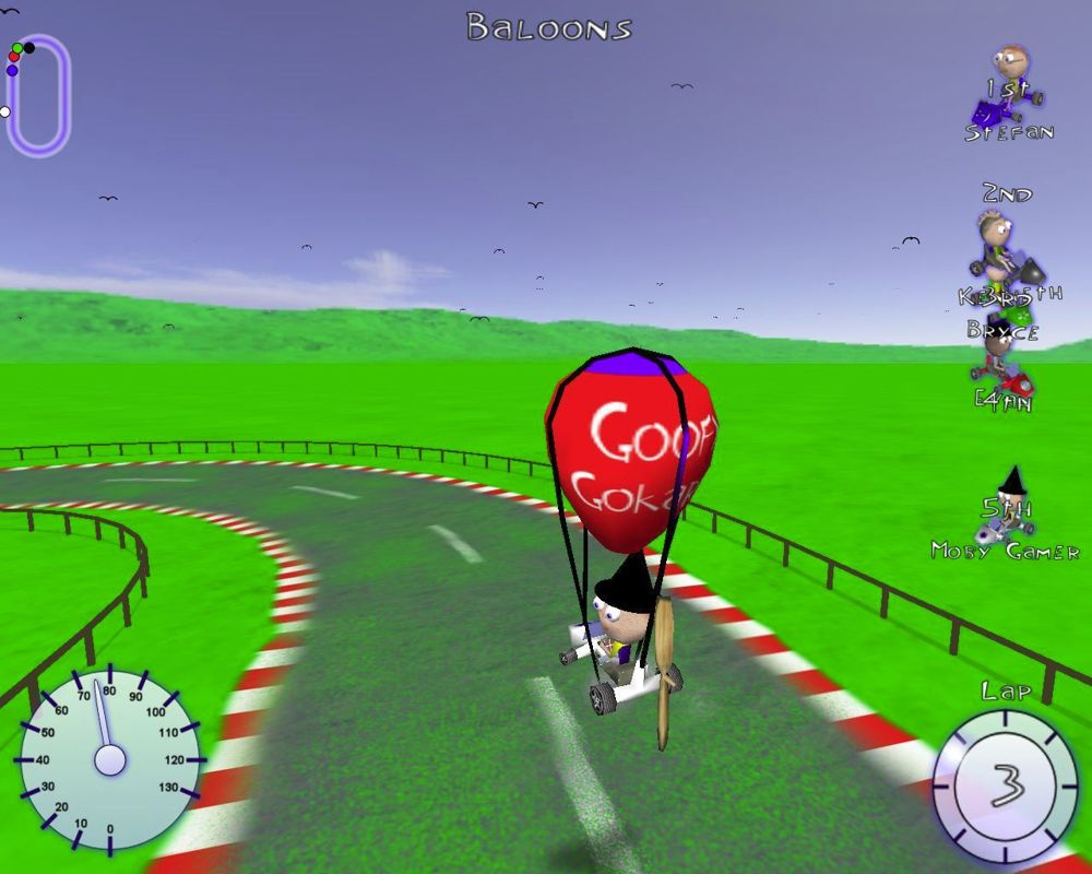 Goofy Gokarts (Windows) screenshot: On this course the power up is 'Balloon Power'