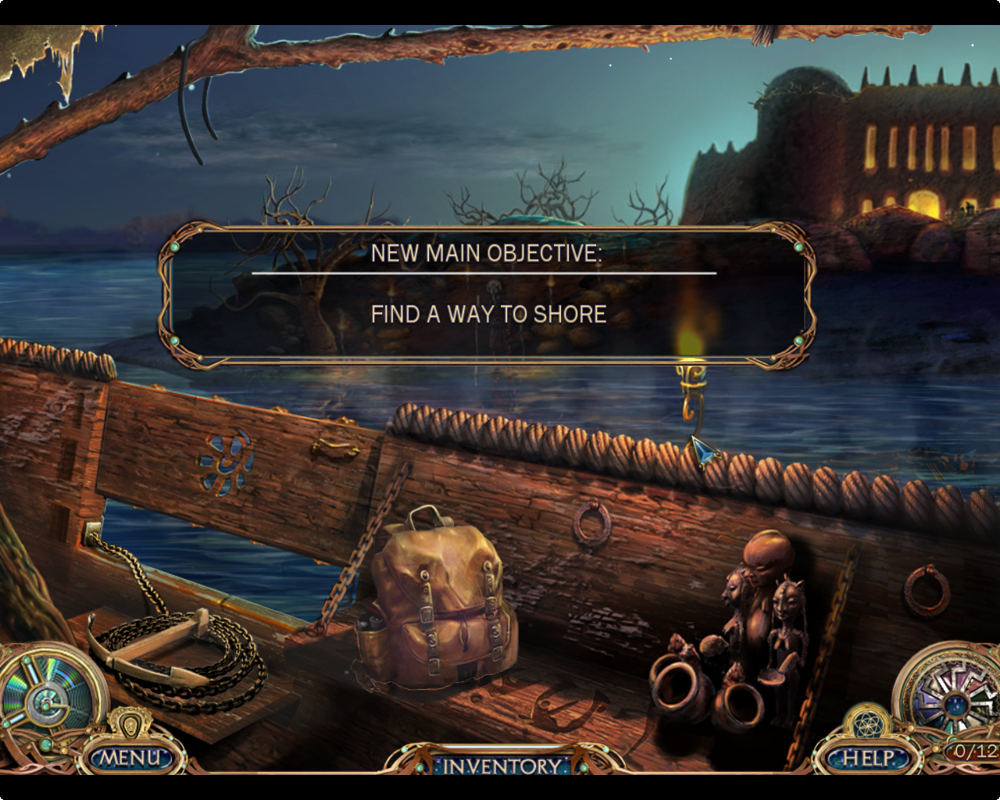 Unsolved Mystery Club: Ancient Astronauts (Windows) screenshot: First you need to reach the shore from the boat. The boatman is too scared to land the boat ashore.