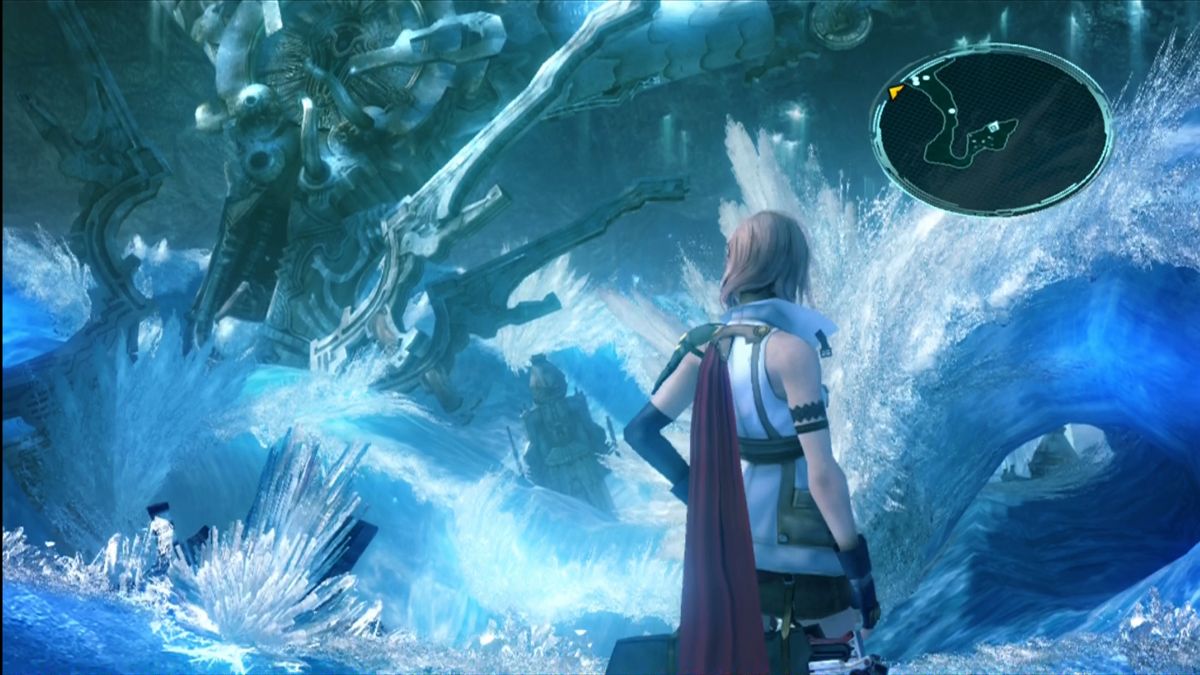 Final Fantasy XIII (Xbox 360) screenshot: Standing atop a lake flash-frozen into crystal.