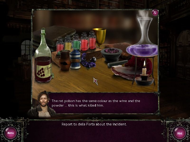 Borgia (Windows) screenshot: Trying to find out which poison killed Lorenzo