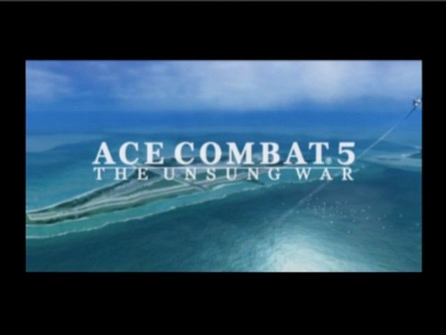 Ace Combat 5: The Unsung War (PlayStation 2) screenshot: Main Title (from the opening cinematic, the island in the back is your starting base of operations)