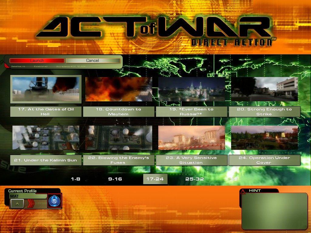 Act of War: Direct Action (Windows) screenshot: Story mode lets you launch any of the singleplayer missions or to start the campaign