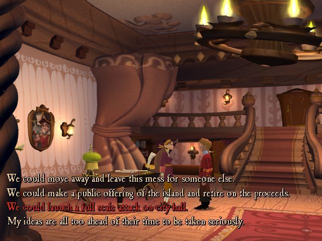 Escape from Monkey Island (Windows) screenshot: Guybrush and Elaine discussing the next course of action