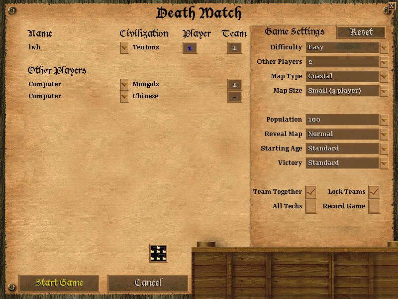 Age of Empires II: The Age of Kings (Windows) screenshot: Deathmatch options screen
