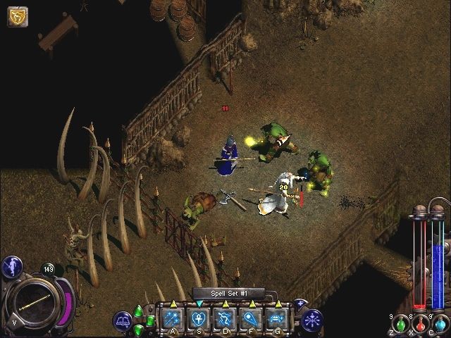 Nox (Windows) screenshot: You'll occasionally receive the aid of computer-controlled companions. Here the mighty hero Horvath the Wizard helps you battle some ogres