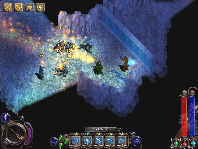 Nox (Windows) screenshot: Blasting a few Necromancers with a "magical shotgun" known as the triple fireball staff