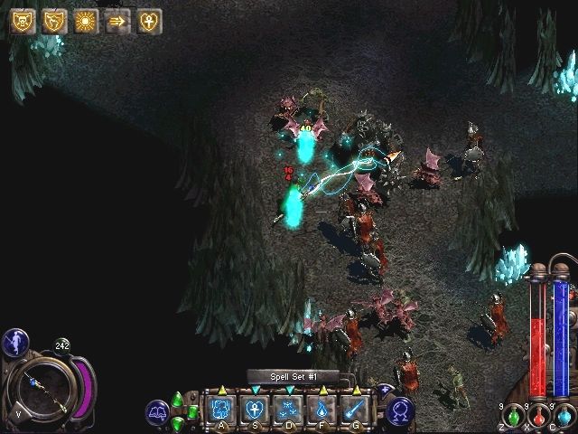 Nox (Windows) screenshot: Hecubah throws an entire army of undead at you, but fortunately the completed Staff of Oblivion is a super-weapon capable of vacuuming them all up
