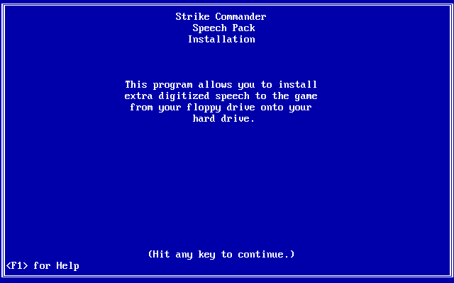 Strike Commander: Speech Pack (DOS) screenshot: Installing the Speech Pack...