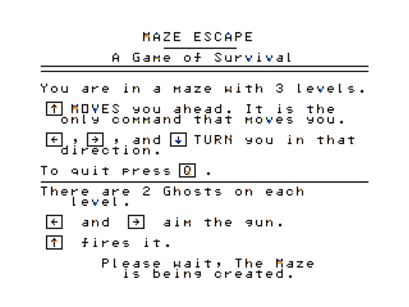Maze Escape (TRS-80 CoCo) screenshot: Instructions