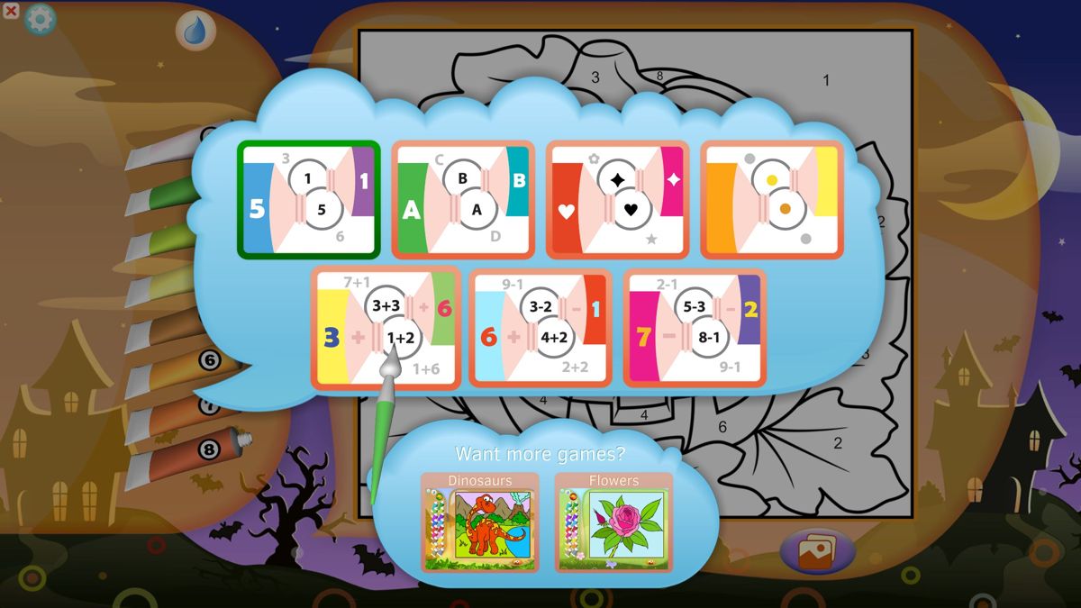 Color by Numbers: Halloween (Windows) screenshot: These controls replace the numbers with letters, symbols, colours, sums or remove them altogether