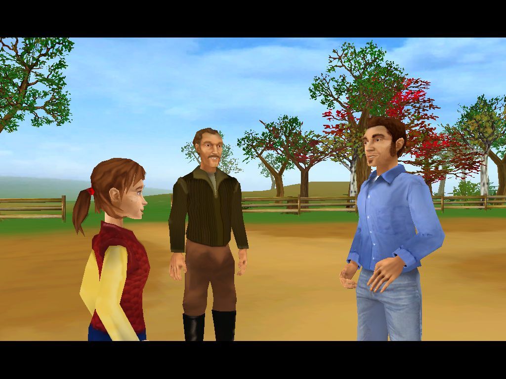 Let's Ride: Dreamer (Windows) screenshot: This is the game's introduction where Marie's father is saying that horses are too expensive at which point Mr Straw intervenes and says Marie can work at the stable