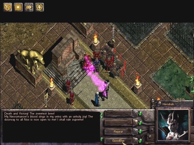 Nox (Windows) screenshot: Hecubah zaps the warlord Horrendous and his minions with her wand o' death while you (the guy in blue) looks on. Play as a Wizard and you'll have to beat him yourself without her help