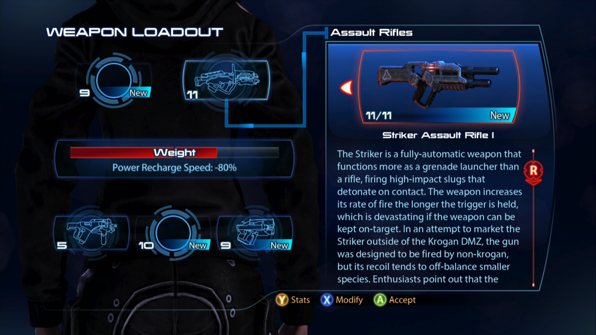 Mass Effect 3: Groundside Resistance Pack (Xbox 360) screenshot: Information on the Striker Assault Rifle
