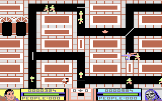 Superman: The Game (Commodore 64) screenshot: The citizens must be guided to the arches on the left hand side of the screen to be rescued.