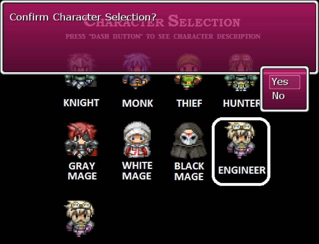Last Dream (Windows) screenshot: There are eight character types to choose from. The first character is the player's main character. Each can be renamed <br><br>Steam demo
