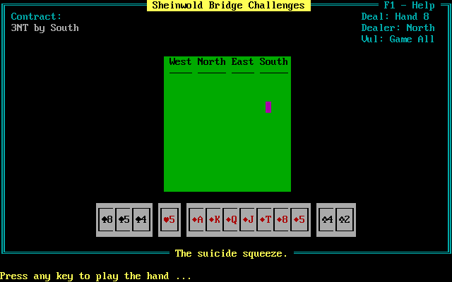 Micro Bridge Companion (DOS) screenshot: Sheinwold Bridge Challenges: South has to make a 3NT contract. How do they do it? West leads, dummy goes down and the player must decide how to respond