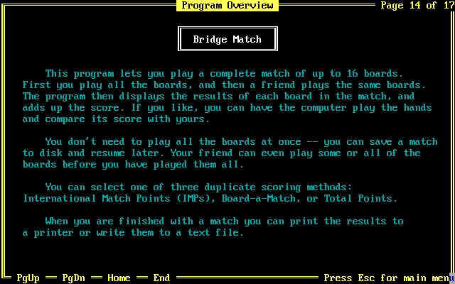 Micro Bridge Companion (DOS) screenshot: The description of Bridge Match is contained on a single screen