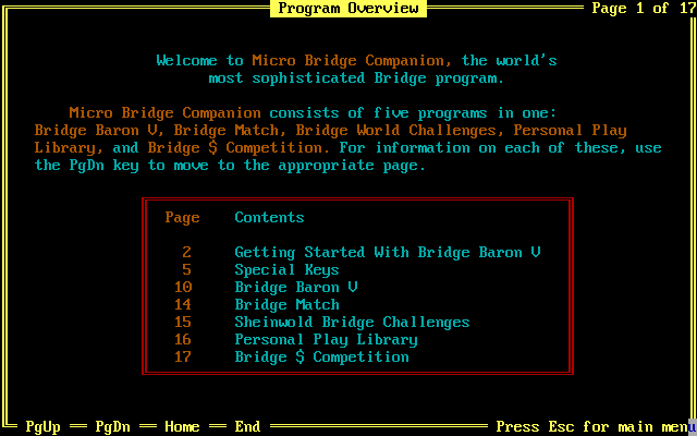 Micro Bridge Companion (DOS) screenshot: The first screen of the product overview