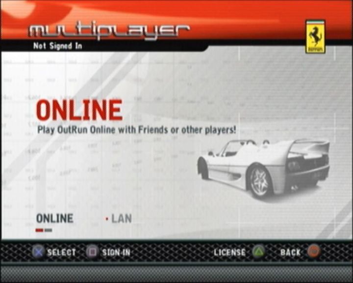 OutRun 2006: Coast 2 Coast (PlayStation 2) screenshot: Did you know you can play via LAN? This adds life to the multiplayer component of this game.
