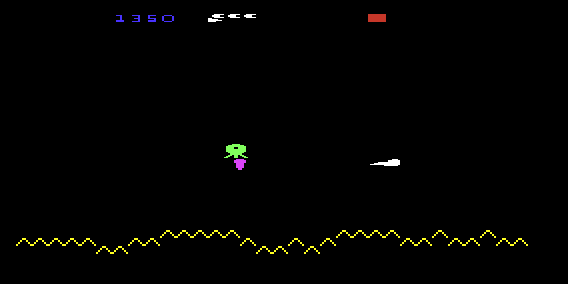 Star Defence (VIC-20) screenshot: An alien has captured one of the purple humanoids