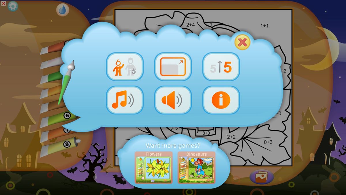Color by Numbers: Halloween (Windows) screenshot: These settings toggle the font and image size, sound etc