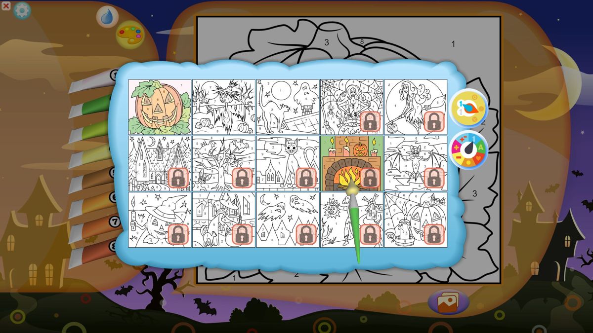 Color by Numbers: Halloween (Windows) screenshot: The image gallery. The dials in the upper right control the level of detail in the images and whether numbers, sums, letters etc are used