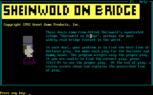 Micro Bridge Companion (DOS) screenshot: It's called Bridge World Challenges in the main menu, Sheinwold Bridge Challenges in the product overview and Sheinwold On Bridge in the title