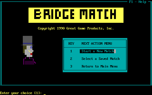 Micro Bridge Companion (DOS) screenshot: Bridge Match: Title screen and menu<br>Note that the 1990 date here differs from the 1989 date of the title screen