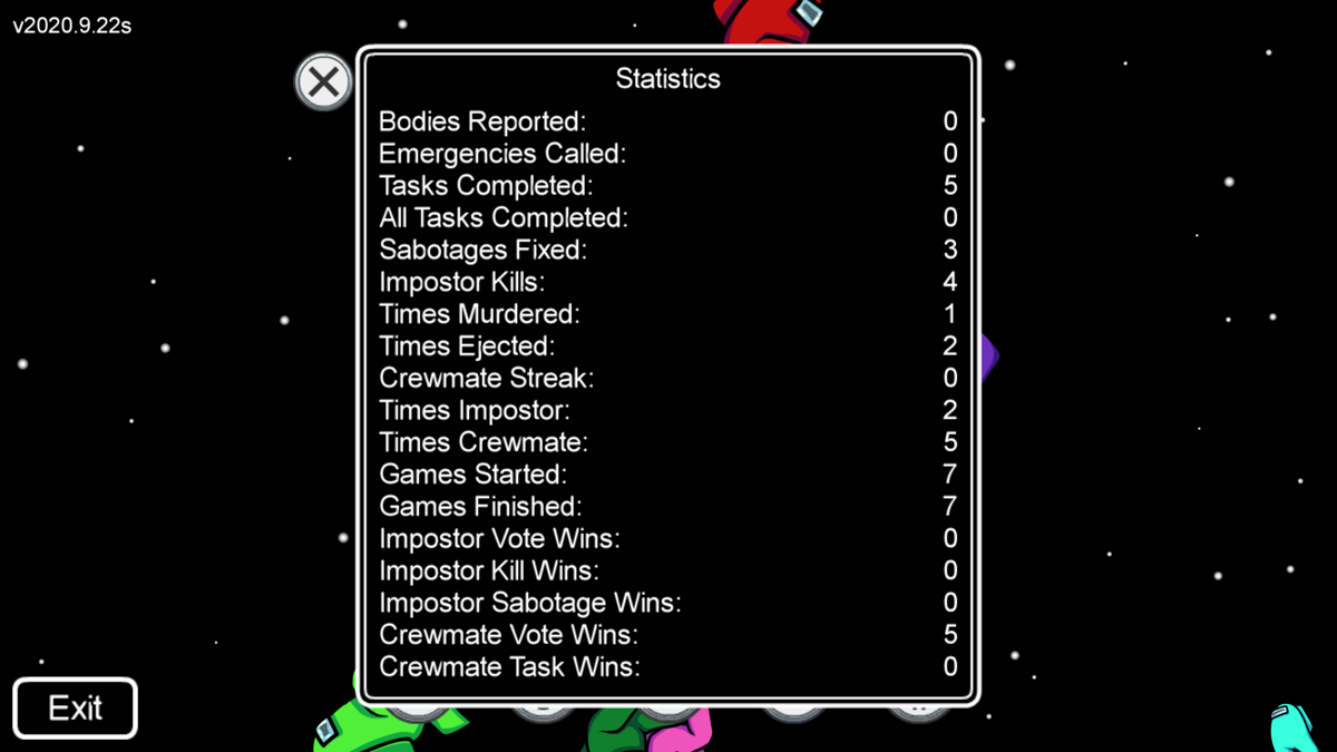 Among Us (Windows) screenshot: Statistics