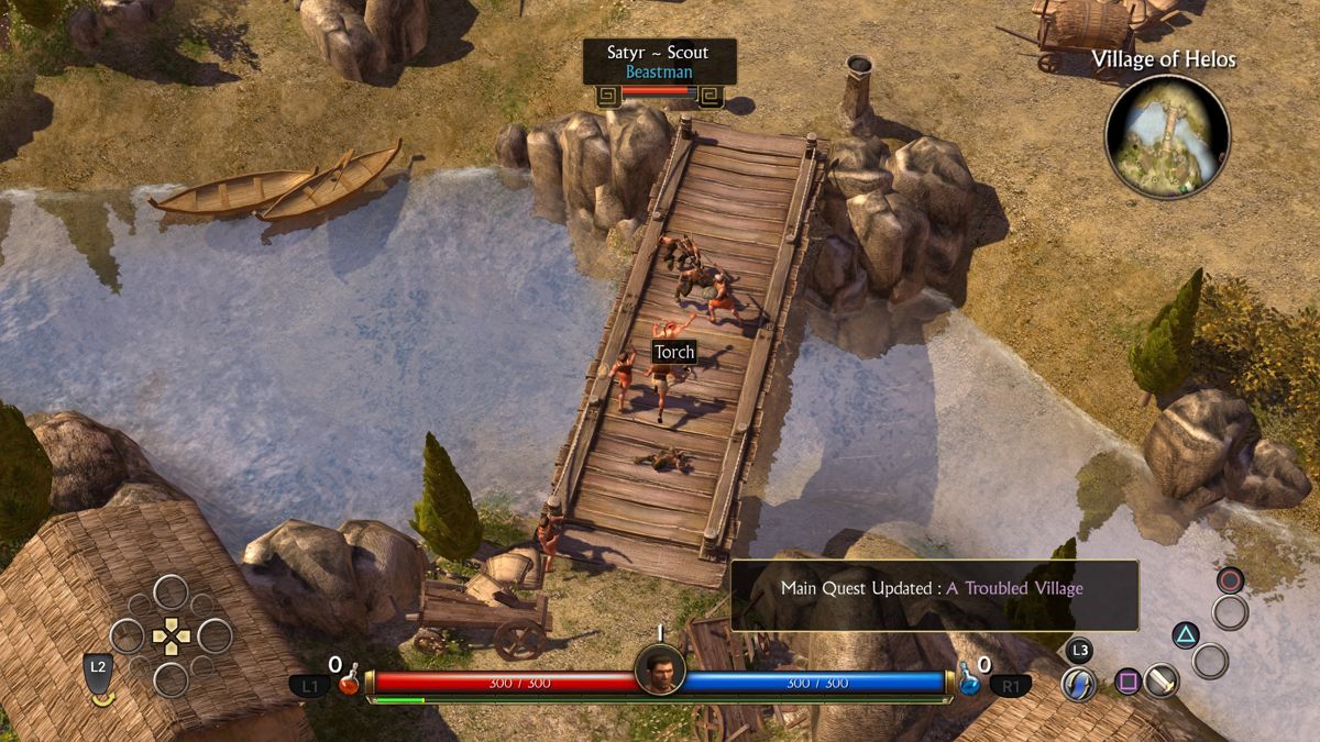 Titan Quest: Anniversary Edition (PlayStation 4) screenshot: Fighting beastmen on the bridge